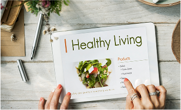 Tablet displaying "Healthy Living" with a healthy salad image and product list.